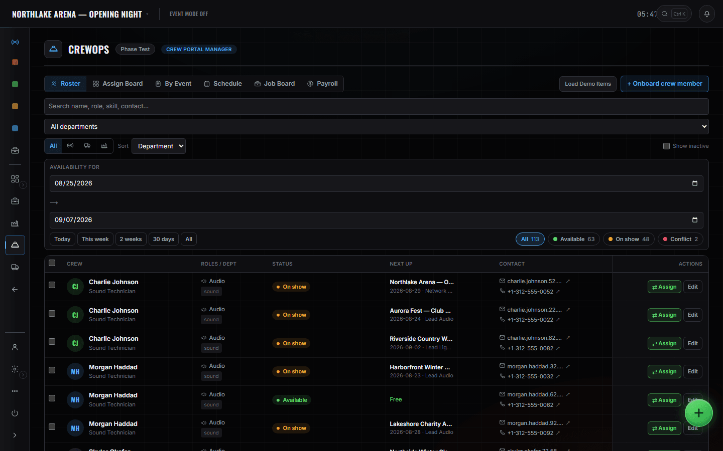 CrewOps roster: crew with roles and departments, availability status, the next event each is on, and contact details