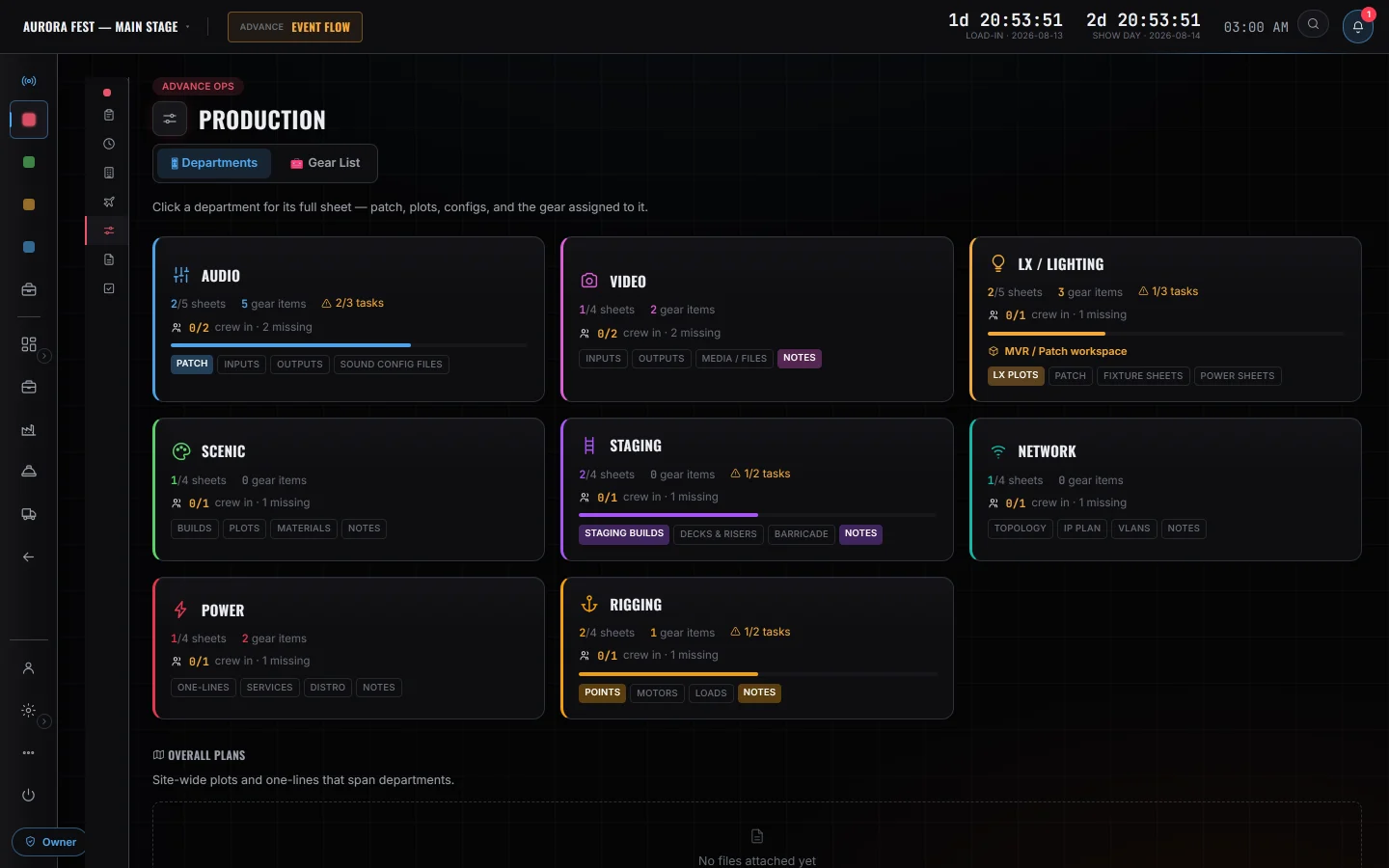 Advance Ops production spec for the event, with the load-in countdown in the header