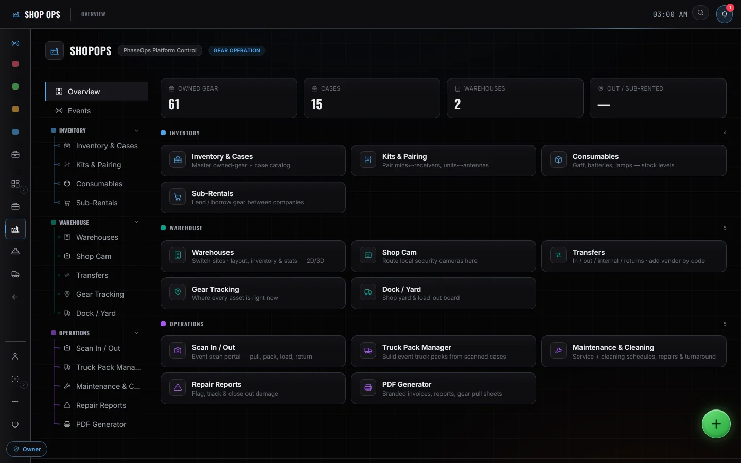 Shop Ops overview: owned gear, cases and warehouse counts with scan entry points
